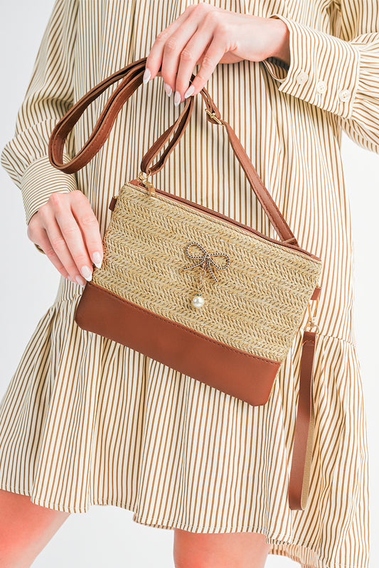 Beige Pearl Bow Decor Woven Patchwork Shoulder Bag