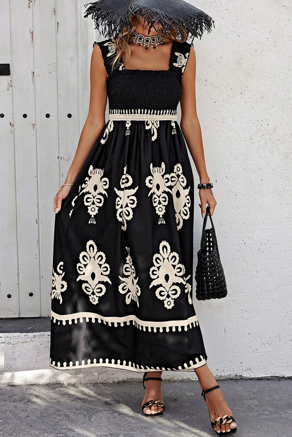 Black Boho Print Smocked Ruffle Sleeveless Maxi Dress
