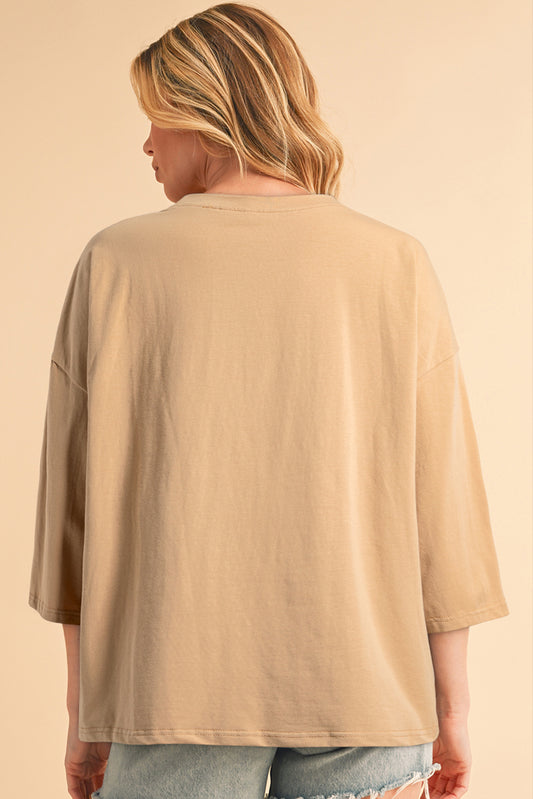 Camel Floral Star Patched 3/4 Sleeve T Shirt