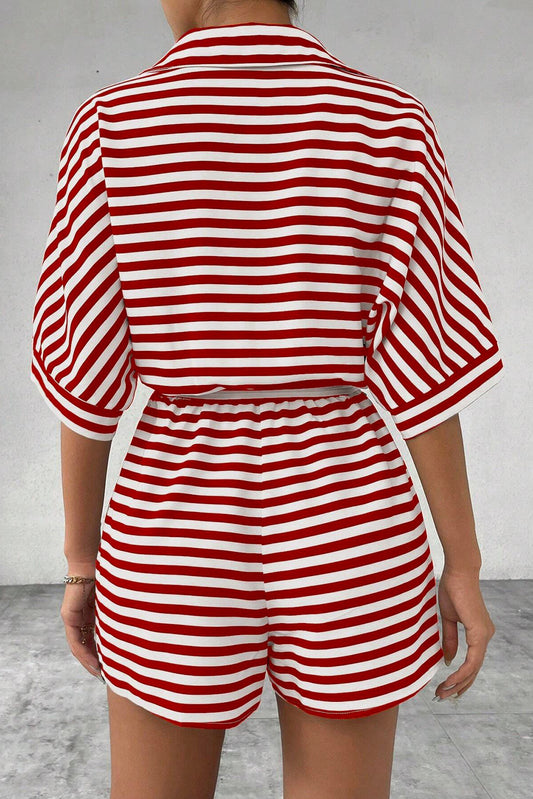 Red Stripe Button Collared Mid Sleeve Belted Romper
