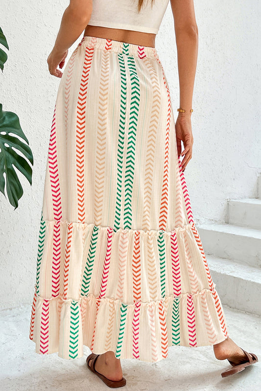 Multicolour Stripe Boho Tassel Tie Waist Tiered Maxi Skirt