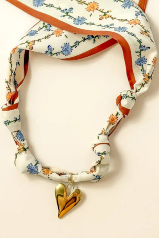 White Boho FLoral Print Heart Pendant Scarf Necklace
