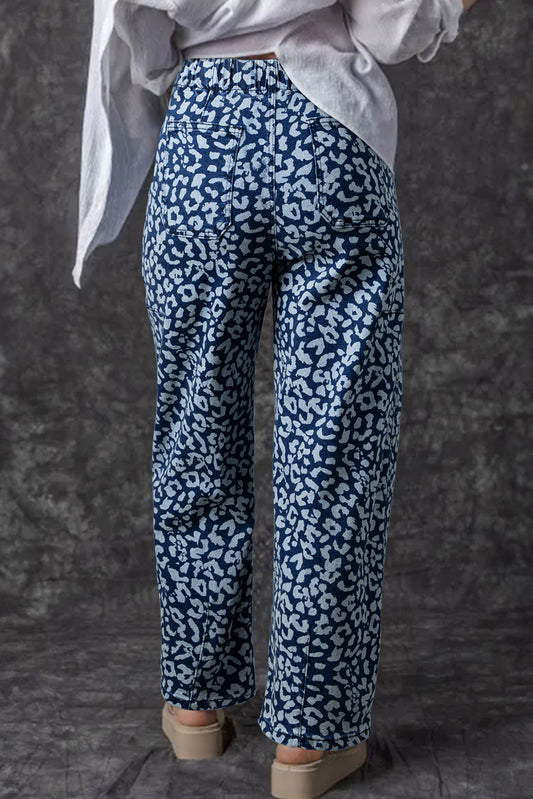 Blue Leopard Print Drawstring Waist Pocketed Wide Leg Jeans