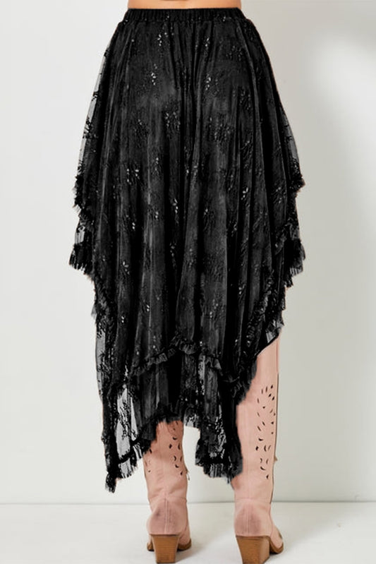 Black Lace Cascading Tiered High Waist Maxi Skirt
