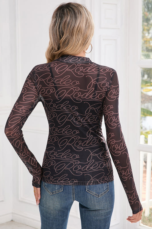 Black Letter Print Mock Neck Long Sleeve Mesh Top