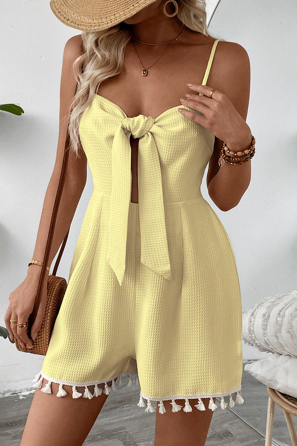 Yellow Cream Spaghetti Strap Fringed Hem Romper